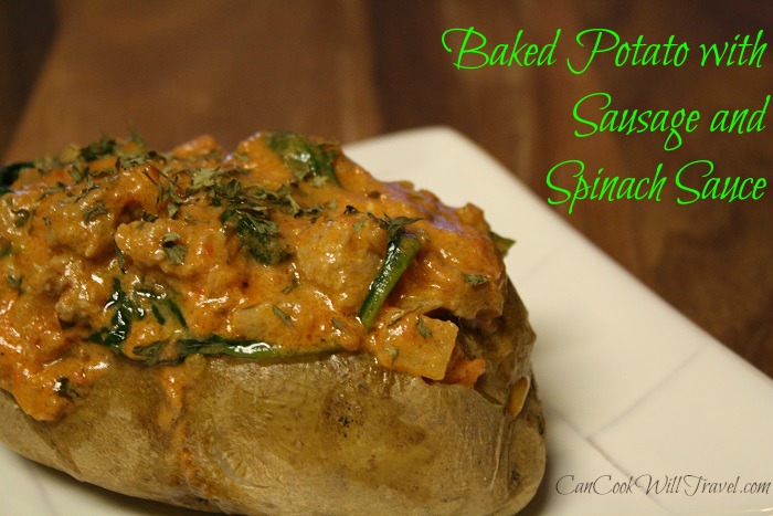 Baked Potato with Sausage and Spinach Sauce